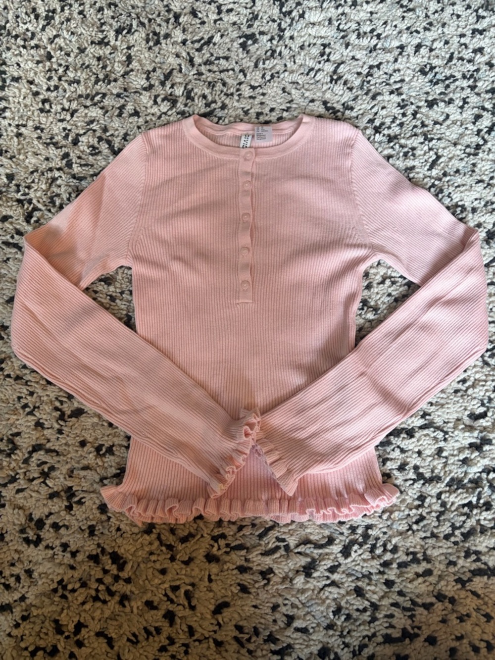 H&M Pink Ribbed Henley Crewneck Sweater with Ruffle Trim